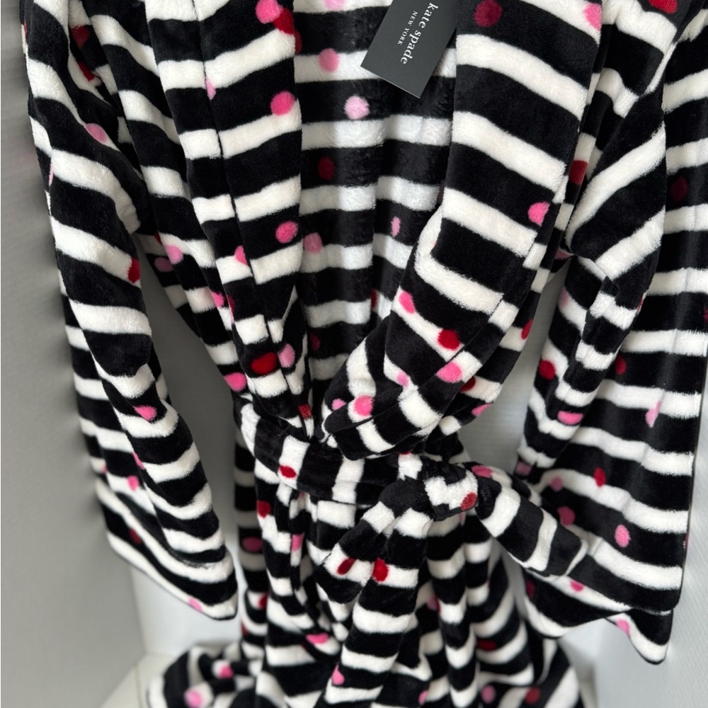 Kate Spade New York Womens Blk/Wht Striped Plush Robe w/ Pink & Red Dots XS/S